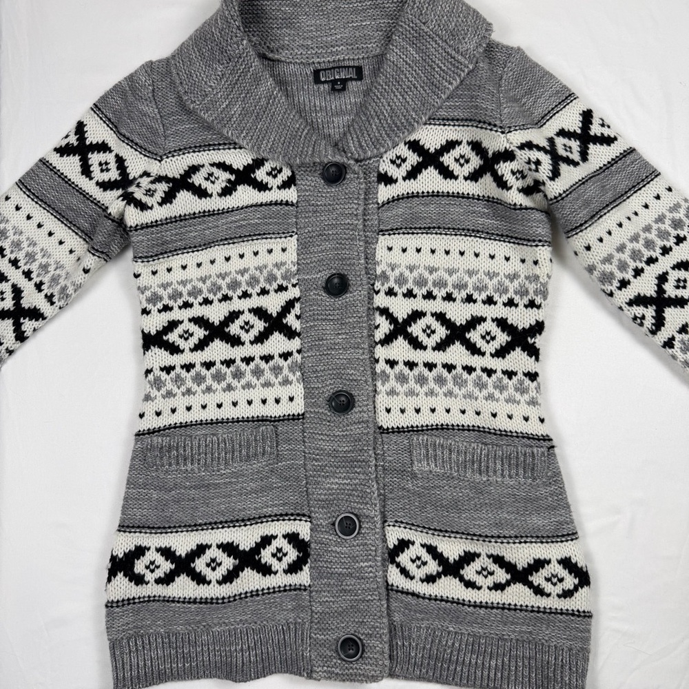 Original Nicole Miller Fair Isle Cardigan Small Nordic Ski Wool Blend Sweater